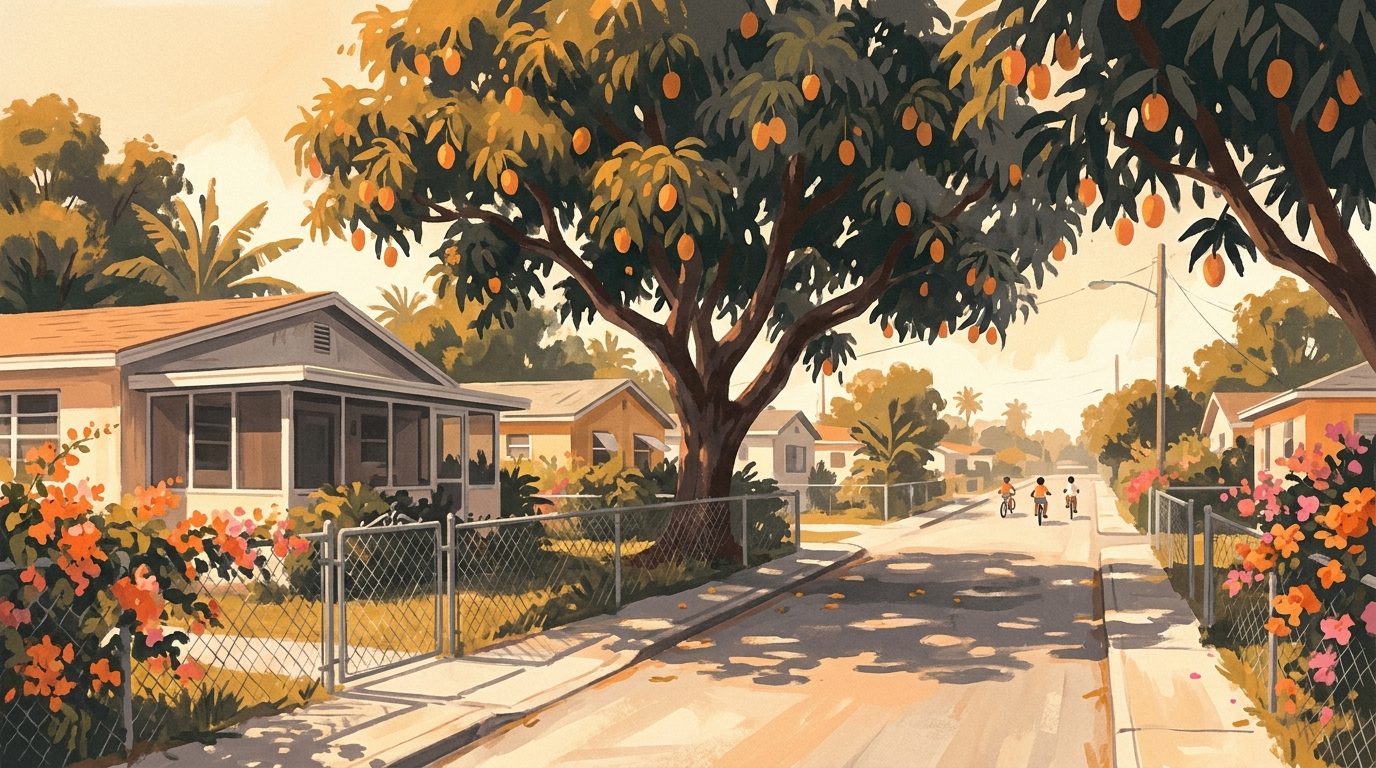 Illustration of a Carol City neighborhood street in golden afternoon light