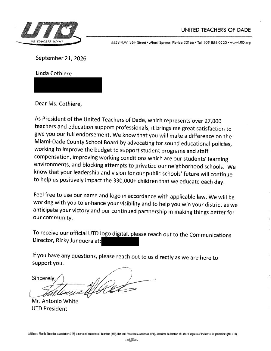 The UTD endorsement letter to Linda Cothiere, signed by UTD President Antonio White, Sept. 21, 2026