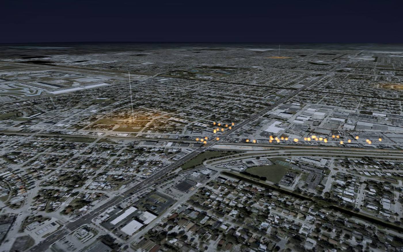 Night flight view over District 1 with the school routes lit